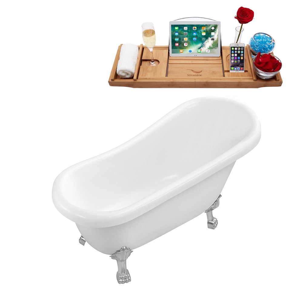 Baignoire ovale en acrylique sur pattes de 61 po N480CH-IN-BGL et plateau en blanc brillant avec drain réversible