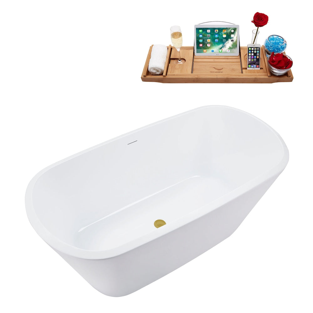 Baignoire rectangulaire autoportante en acrylique de 59 po N3640BGL avec plateau et drain central en blanc brillant